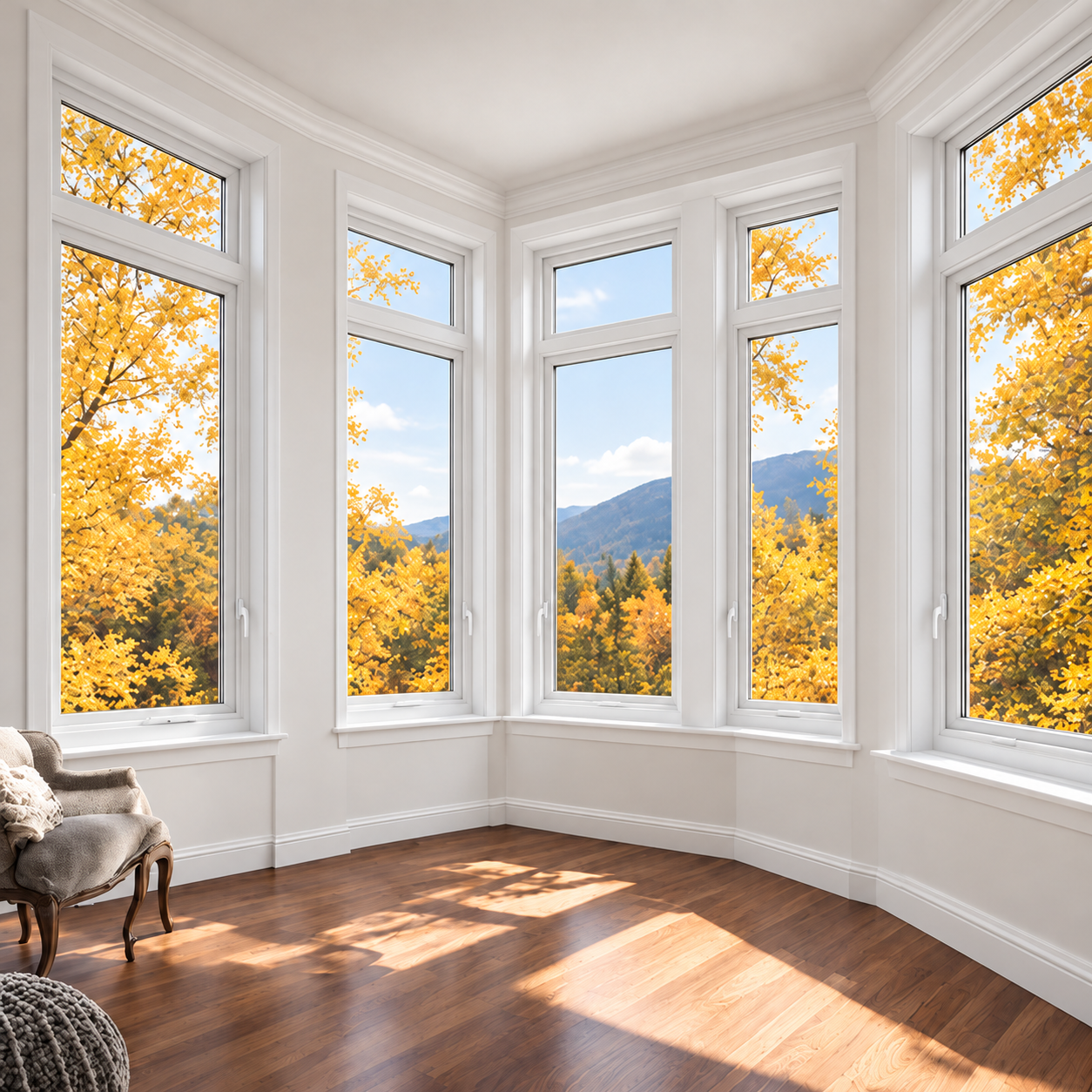 Autumn light through white bay windows