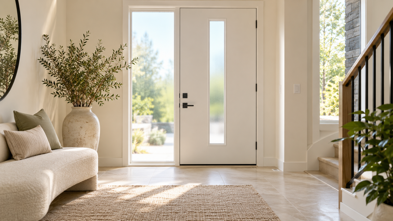 Bright contemporary foyer with frosted glass door