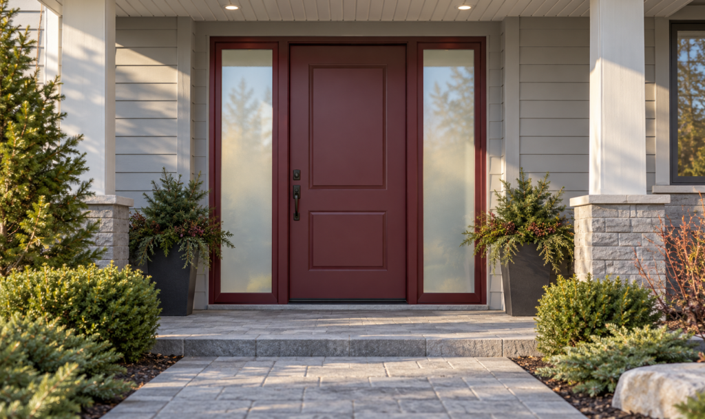 Burgundy Steel Door Bungalow Entrance