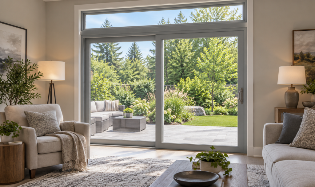 Canadian family room with grey patio doors-4