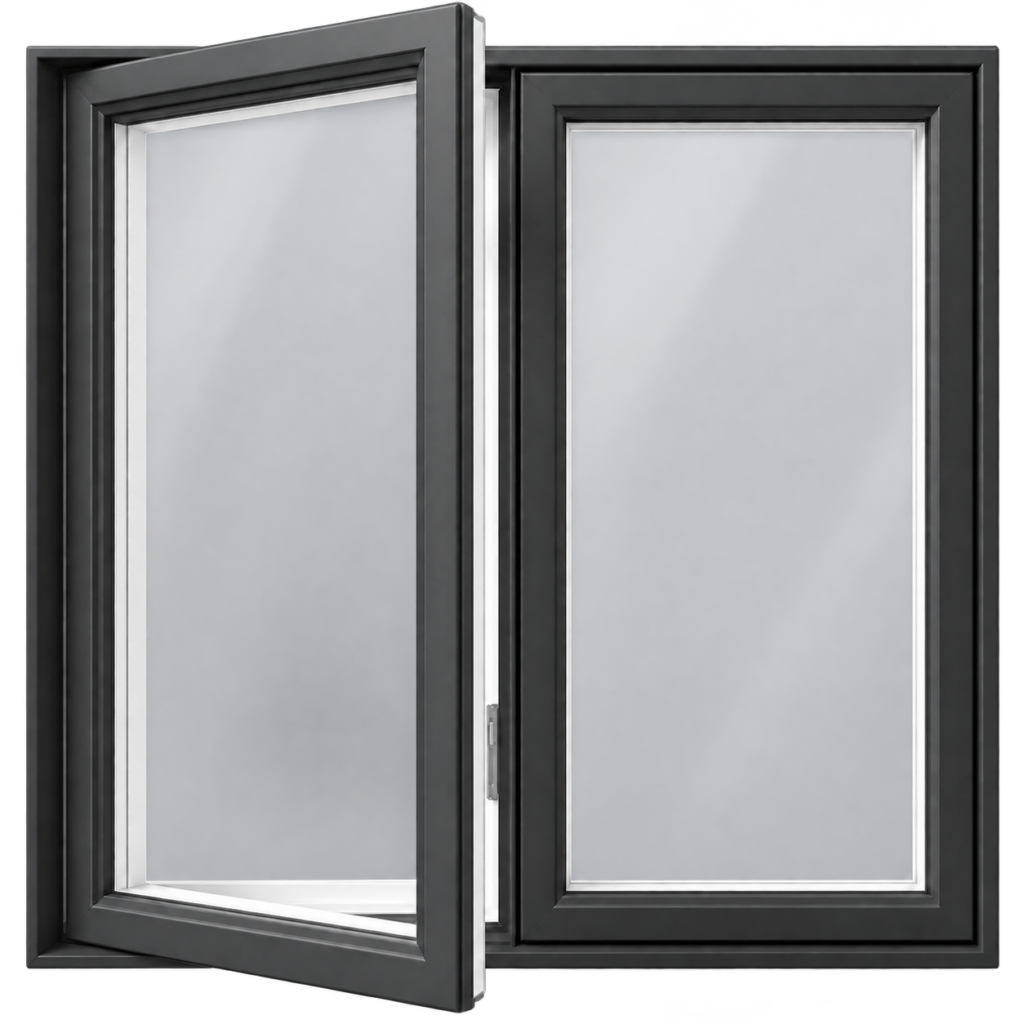 Charcoal window with smooth grey glazing