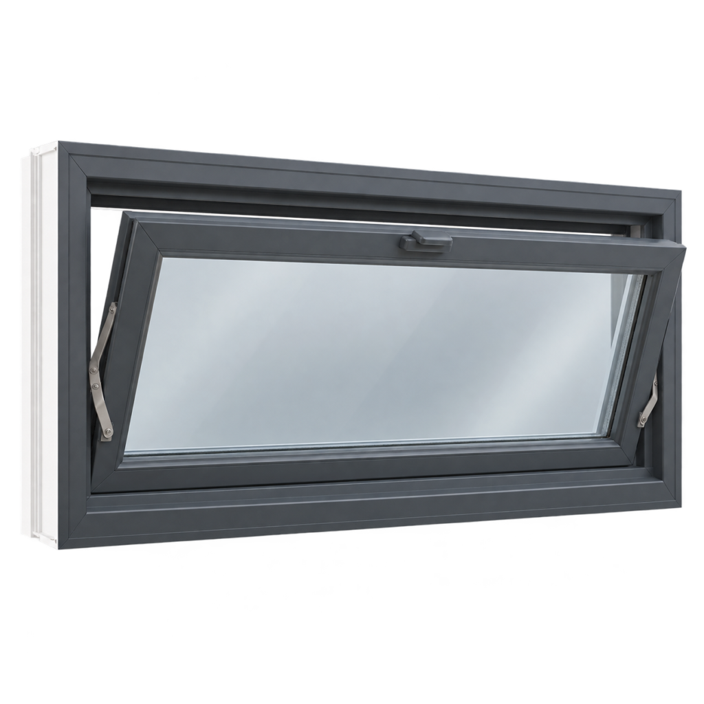 Inward-opening dark grey hopper window
