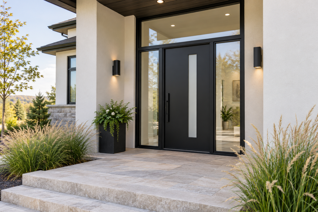 Modern black entry with sidelights and transom