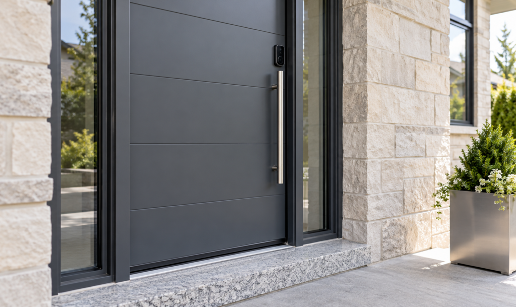 Modern slate-grey entryway with smart hardware