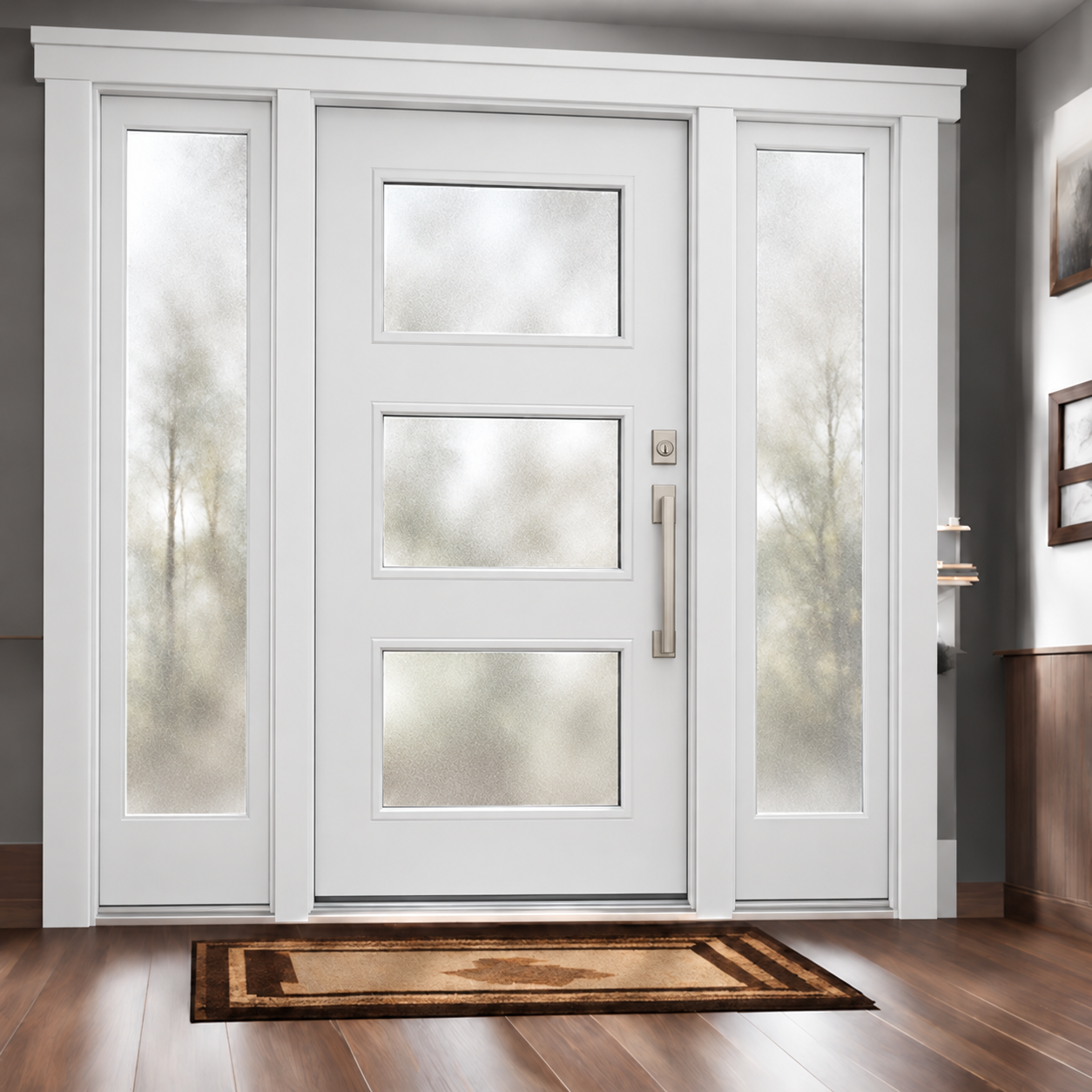 Modern white entry door with frosted glass