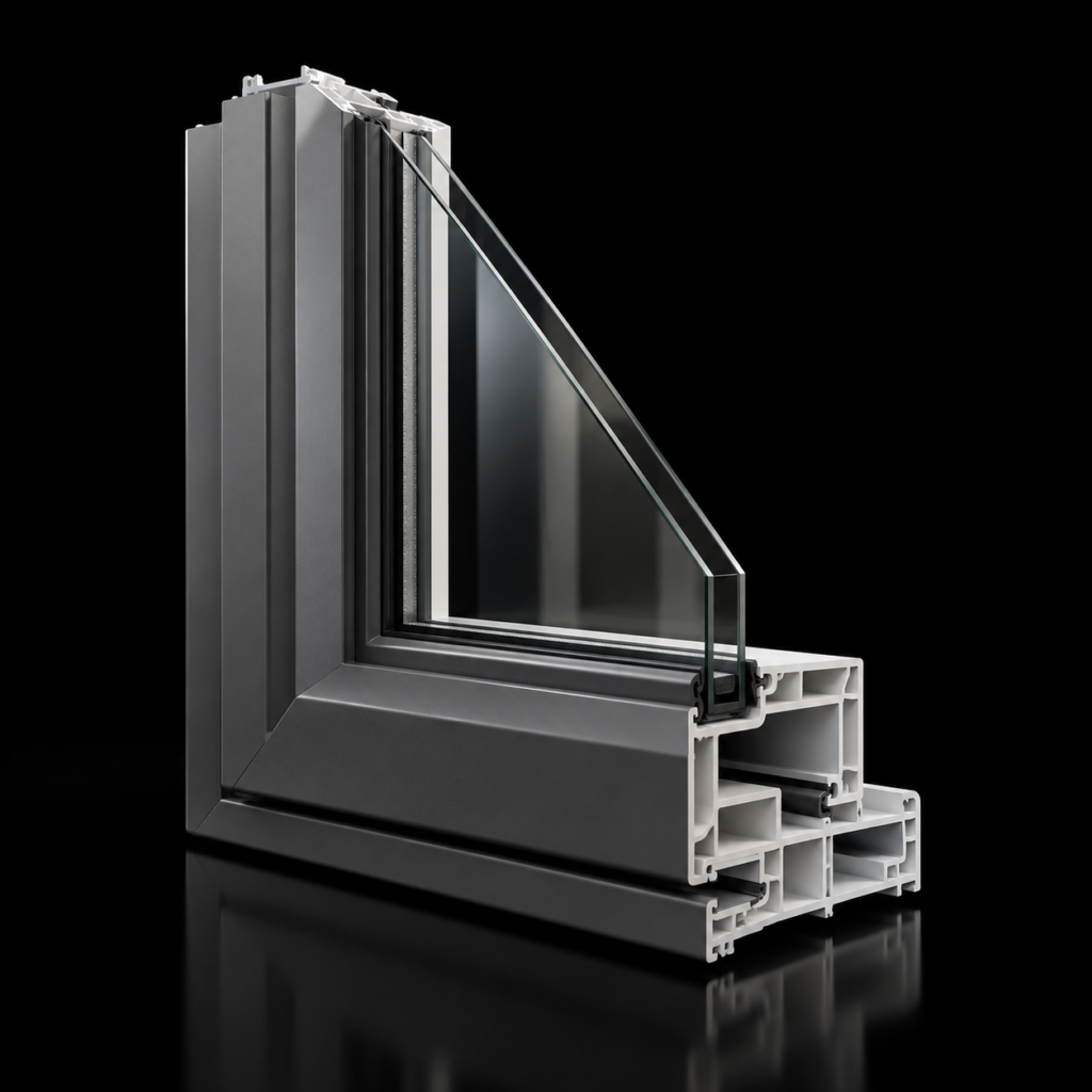 Stepped charcoal vinyl window corner cutaway